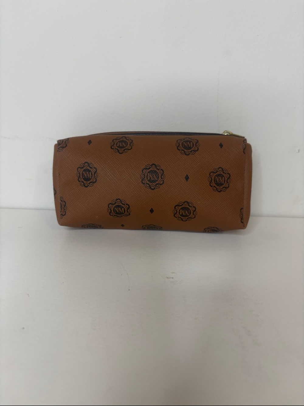 Neiman Marcus Brown Minister Monogram Cosmetic Pouch